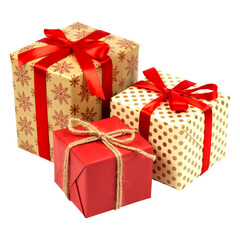 Three beautifully wrapped gift boxes isolated on transparent background, perfect for christmas or any special occasion celebration