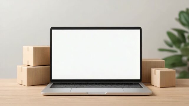 Modern Laptop on Wooden Desk Surrounded by Cardboard Boxes and Green Plant for Creative Workspace Concept 4k video footage