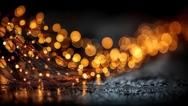 Cinematic Macro of Golden Copper Wire String Lights with Magical Bokeh Reflection - Festive Abstract Overlay Background for Christmas Video, Wedding Intro and New Year Celebration
