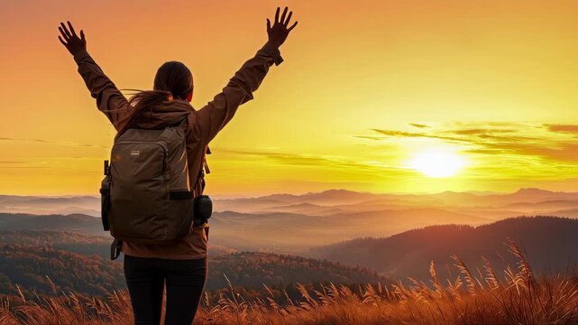 Sunset mountain hiker backpack silhouette adventure travel nature landscape golden grass outdoors sunrise horizon sky valley ridge peak trail summit