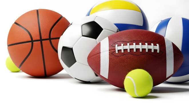 Collection of various sports balls and equipment on a white background
