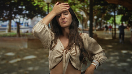 Naklejka premium Young hispanic woman with hand to mouth and both hands on forehead on city street under trees, eyes closed; anxiety coping.