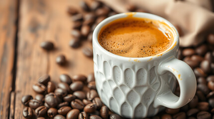 Obraz premium Close up of a coffee cup filled with espresso surrounded by coffee beans on a wooden table top view