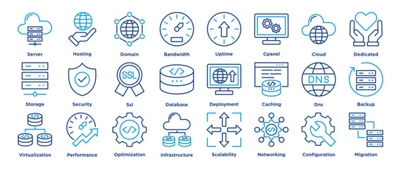 web hosting icon collection set. Containing server, hosting, domain, bandwidth icon. illustration outline color vector.	
