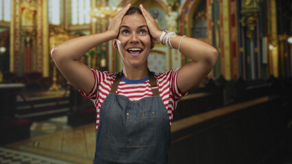 Woman with hands on head in church building wearing denim apron and striped shirt smiling broadly; surprise moment.