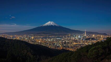 Mount Fuji with cityscape at night under clear sky. Urban and natural landscape, night scene. The image captures the iconic mountain and city lights.