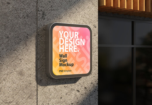 Rounded Square Lightbox Sign Mockup on concrete shop wall