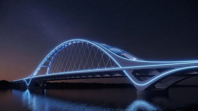 Futuristic bridge with blue neon lights modern architecture over water at night concept for urban development and infrastructure - Powered by Adobe
