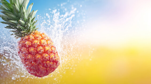 Fresh pineapple fruit splashing in water, creating a refreshing explosion of juice with vibrant blue and yellow hues