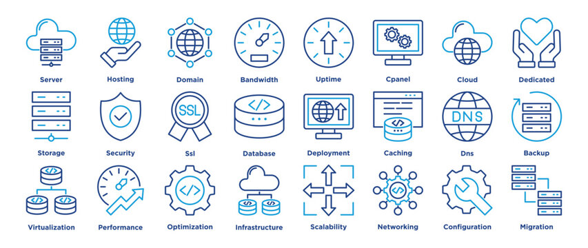 web hosting icon collection set. Containing server, hosting, domain, bandwidth icon. illustration outline color vector.	
