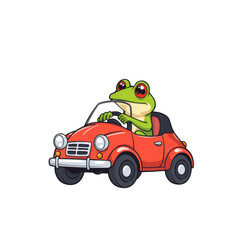 Cute cartoon frog driving a red convertible car isolated on transparent background