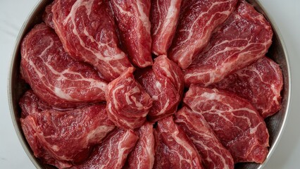 Raw meat slices arranged in a circular pattern on a plate
