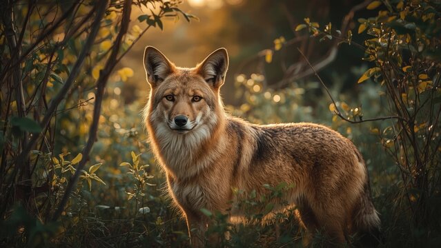 A fox in a forest during sunset with warm lighting and lush foliage. Wildlife and nature scene. Forest habitat and mammal in natural environment. - Powered by Adobe