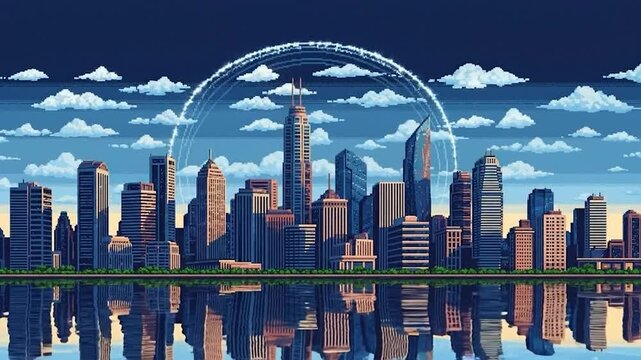 Pixelated cityscape with buildings reflected in water, clouds and celestial streaks