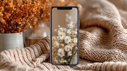 Close-up of a smartphone mock-up displaying pink flowers on the screen surrounded by beautiful fresh flowers and a gray surface