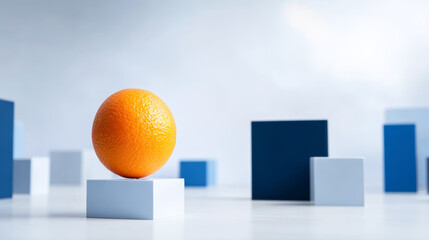 Unique orange fruit standing out on a white cube, surrounded by blue and white geometric shapes, concept of individuality and leadership