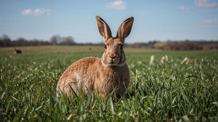 Fototapeta premium A rabbit sitting in a grassy field on a clear day.