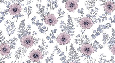 Seamless pattern with delicate watercolor style anemone flower and eucalyptus foliage in soft pastel pink and dusty blue tones on white