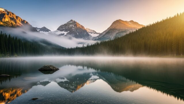 Serene mountain lake reflecting snow-capped peaks and forest early morning light creating a peaceful landscape ideal for travel and nature themes