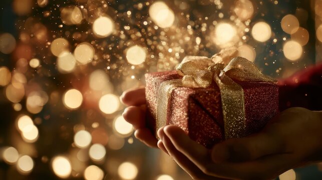 Gift of Joy: An intimate moment is captured as a beautifully wrapped gift is presented. The scene is illuminated by glittering bokeh lights. A tangible token of affection.