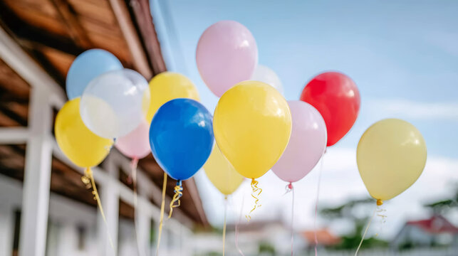 Vibrant balloons in a mix of colors hovering against open sky and blurred building, symbolizing joy and celebration