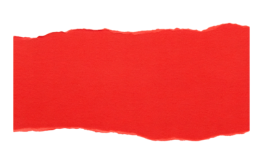 Bright red torn piece of paper isolated on transparent background, showcasing a rough edge and vibrant color