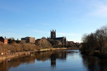 Worcester Cathedral, viewed from Worcester Bridge.