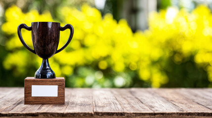 Wooden trophy cup with a dark finish standing on a rustic wooden table, featuring a blank white plaque for customization