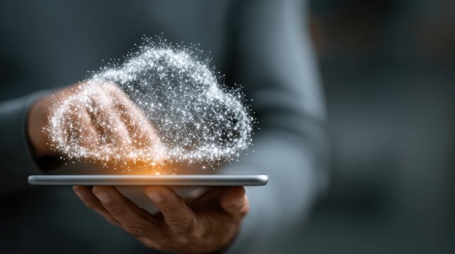 Businessman using tablet with cloud computing and data management system for teamwork