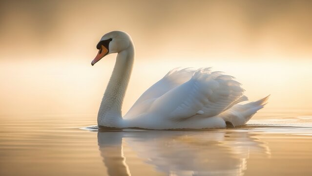 Elegant mute swan swimming on a calm lake reflecting in the water bathed in golden morning light