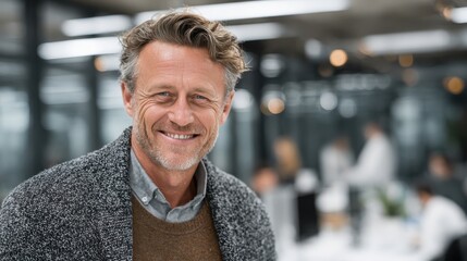 Mature confident business executive smiling in office setting, professional middle aged man, successful ceo portrait