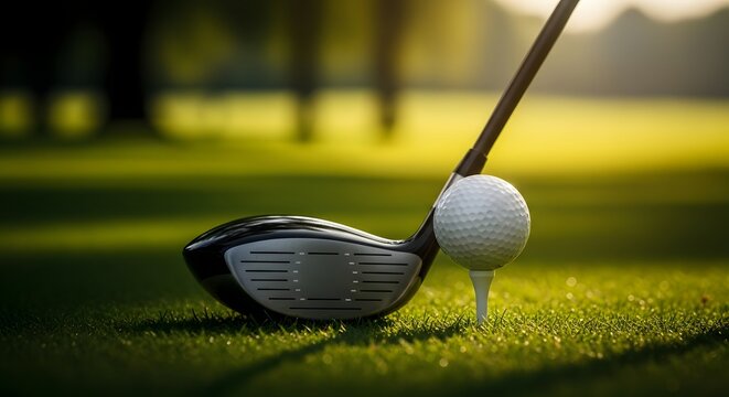 Golf driver and ball ready to tee off on a lush green course