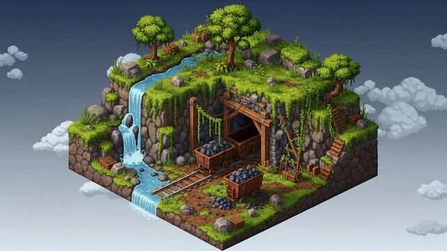 Isometric pixel art scene of a mountain with a waterfall, mine, trees, and cloudy sky