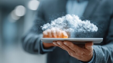 Businessman using tablet with cloud computing and data management system for teamwork