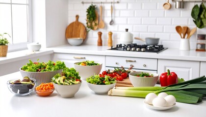 Bright kitchen with fresh vegetables and salads on white countertop under natural light.