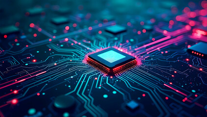 Futuristic computer chip processor with glowing neon red and blue circuit lines.