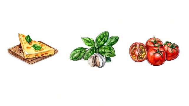 Animated Moving Food Ingredients Row &ndash; Cheese, Basil, Garlic, Tomatoes