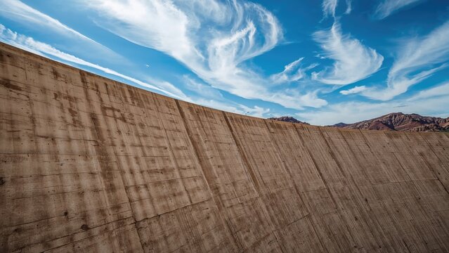 A large dam wall with a landscape and hills in the background, under a partly cloudy sky.