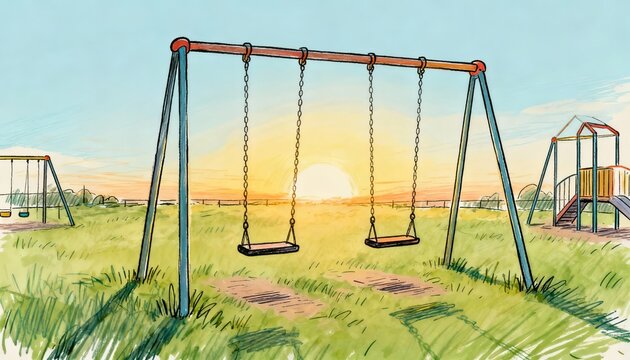 A serene playground scene features two swings under a vibrant sunset, surrounded by lush grass, evoking feelings of nostalgia and childhood joy.