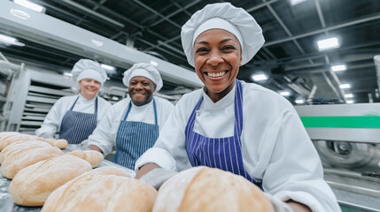 Diverse team of happy bakers preparing fresh bread loaves on a conveyor belt in a bright, modern industrial factory kitchen