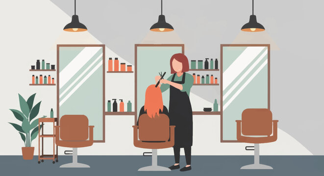 A hairdresser giving a client a haircut in a modern salon. Flat design vector illustration of a beauty parlor interior. Professional hairstylist and cosmetology service concept