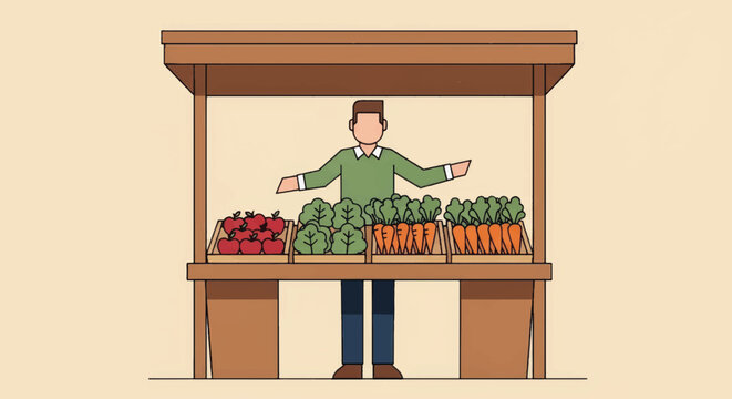A farmer selling fresh produce at a local market stall. Minimalist flat design vector illustration of a vendor with vegetables and fruit. Healthy eating and small business concept