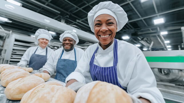 Diverse team of happy bakers preparing fresh bread loaves on a conveyor belt in a bright, modern industrial factory kitchen