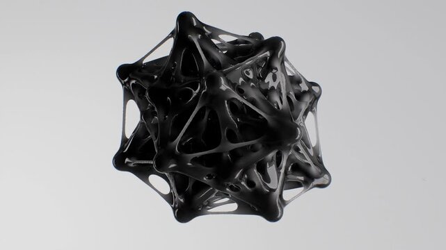 Dark black droplets fall and merge into a thick, stretchy slime sphere that mutates into a tangled tumor-like structure. Futuristic biotech horror animation for virus, cancer, infection concepts.