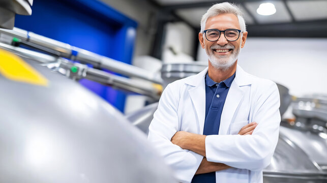 Mature man with lab coat and glasses smiling confident in a food processing plant, representing quality management and industry leader