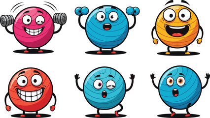Funny cartoon fitness ball characters set, cute gym mascot collection, yoga exercise vector illustration, sport emoji