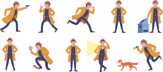 Cartoon detective character set, private investigator vector poses, police inspector illustration, mystery man collection, spy agent
