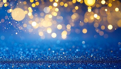 Blue and gold glitter surface with festive bokeh lights on gradient blue background.