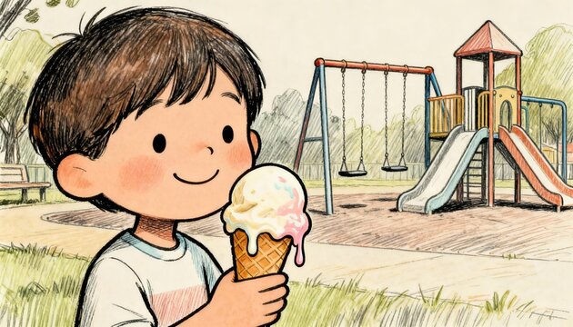 A cheerful child enjoys an ice cream cone at a playground, surrounded by swings and a slide, capturing a moment of carefree joy. - Powered by Adobe