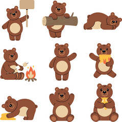 Cute cartoon bear characters in various playful poses perfect for children’s illustrations, storytelling, branding, and designs